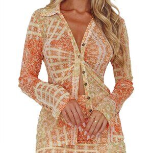 Selfie Leslie Milla Button Up Sheer Blouse Orange Long Sleeve Top Size Small